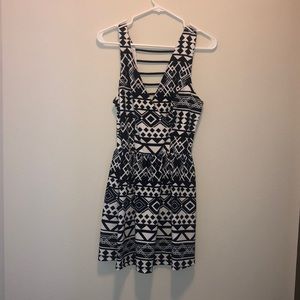 Navy and white geometric cocktail dress